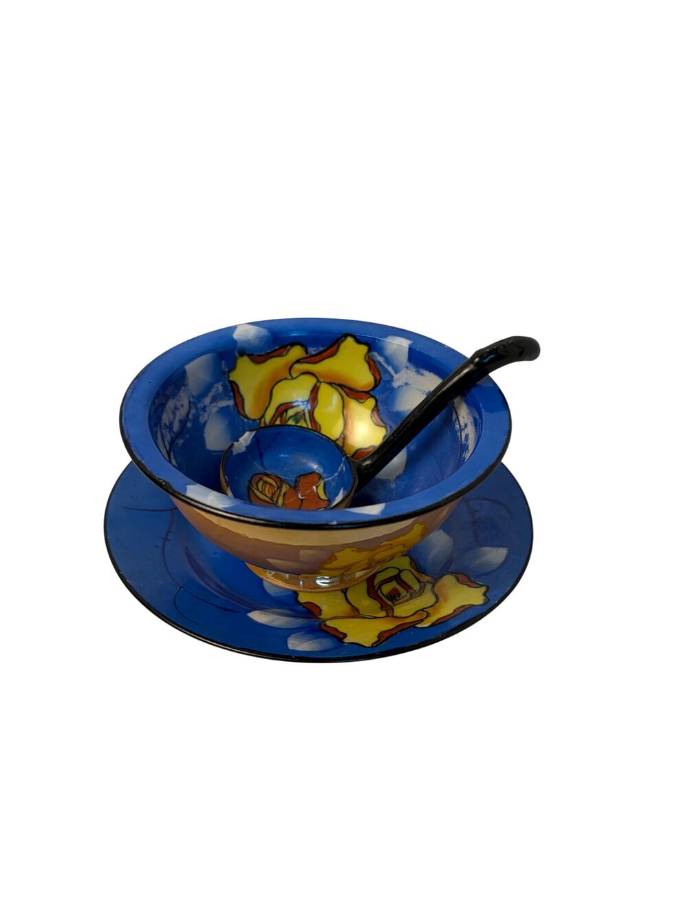 VTG Sakura Ware hand painted bowl, saucer, ladle. FLAW. Made in Japan.